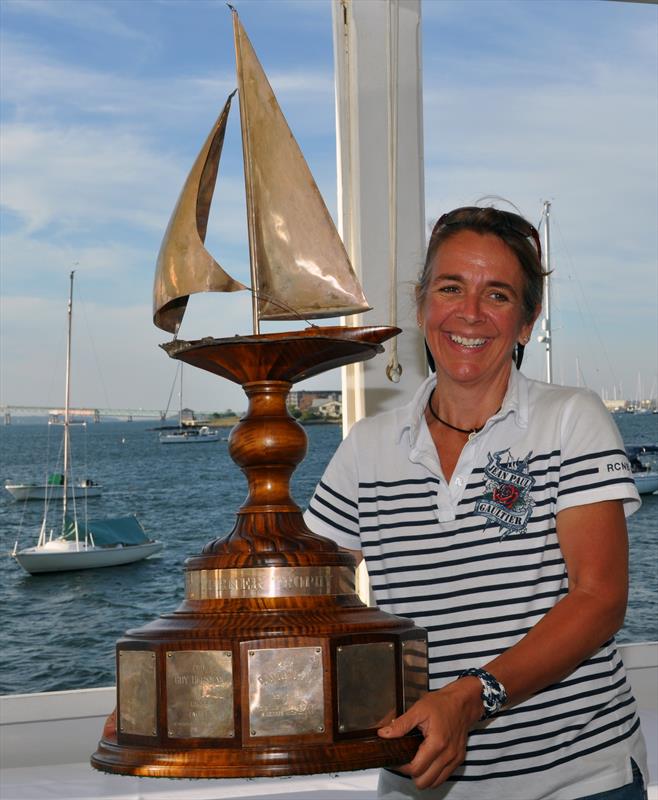 SallyAnne Santos receives the Ted Turner Trophy during the 12 Metre North American Championships photo copyright SallyAnne Santos / Windlass Creative taken at Ida Lewis Yacht Club and featuring the 12m class