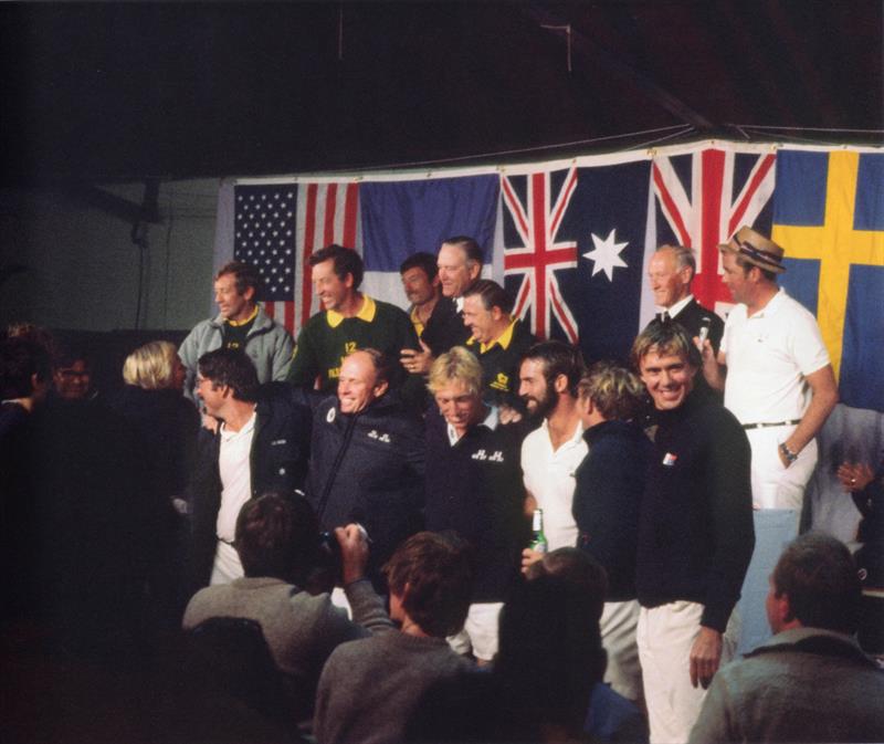 Jim Hardy (second from left at top) as the combined Liberty and Australia II teams break up after the final media conference at the 1983 America's Cup photo copyright Paul Darling taken at New York Yacht Club and featuring the 12m class