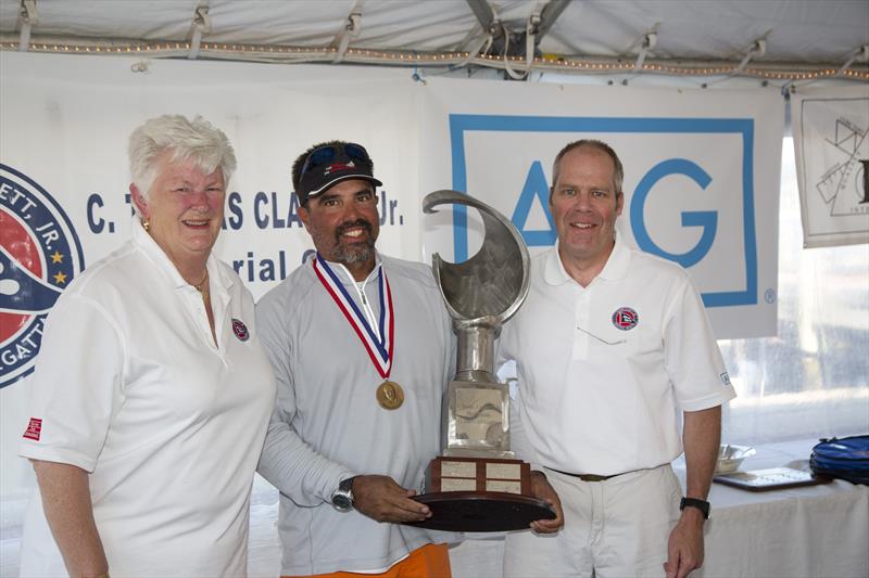 Winner of the C. Thomas Clagget, Jr. Trophy Julio Reguero with Judy McLennan and Bill Leffingwell photo copyright Billy Black taken at Sail Newport and featuring the 2.4m class