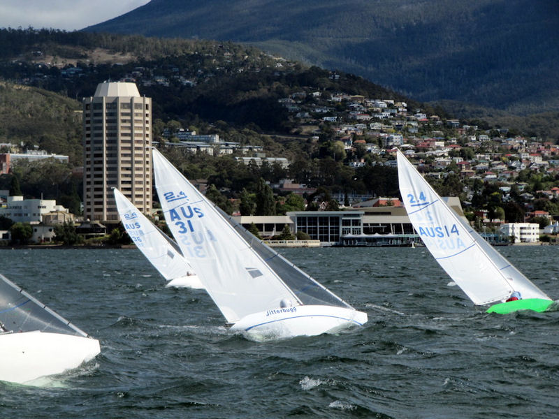The fleet beating to windward off Hobart's Wrest Point Casino in Sandy Bay on day one of the Australian 2.4mR nationals photo copyright Derwent Sailing Squadron taken at Derwent Sailing Squadron and featuring the 2.4m class