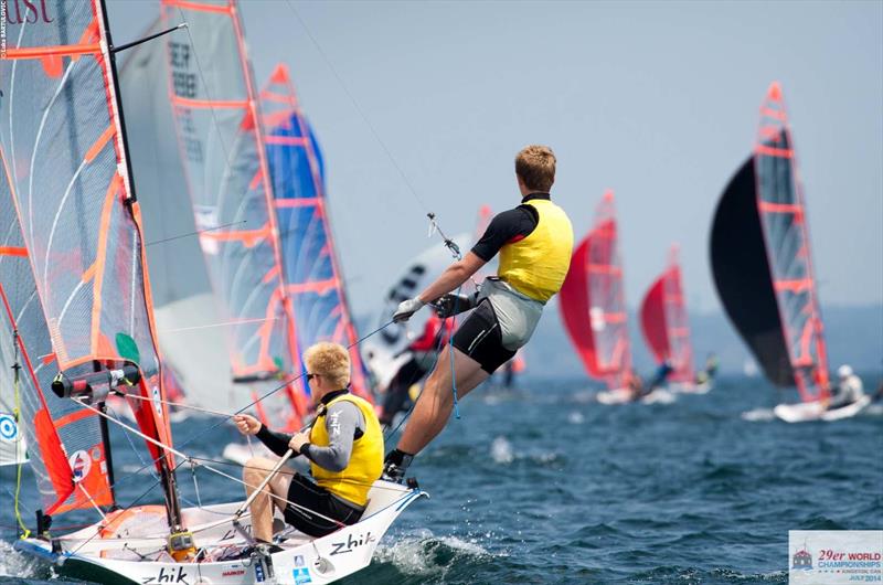 Gillies Munro & Daniel Harris (GBR) on day 5 of the 29er Worlds at Lake Ontario photo copyright Luka Bartulovic taken at  and featuring the 29er class
