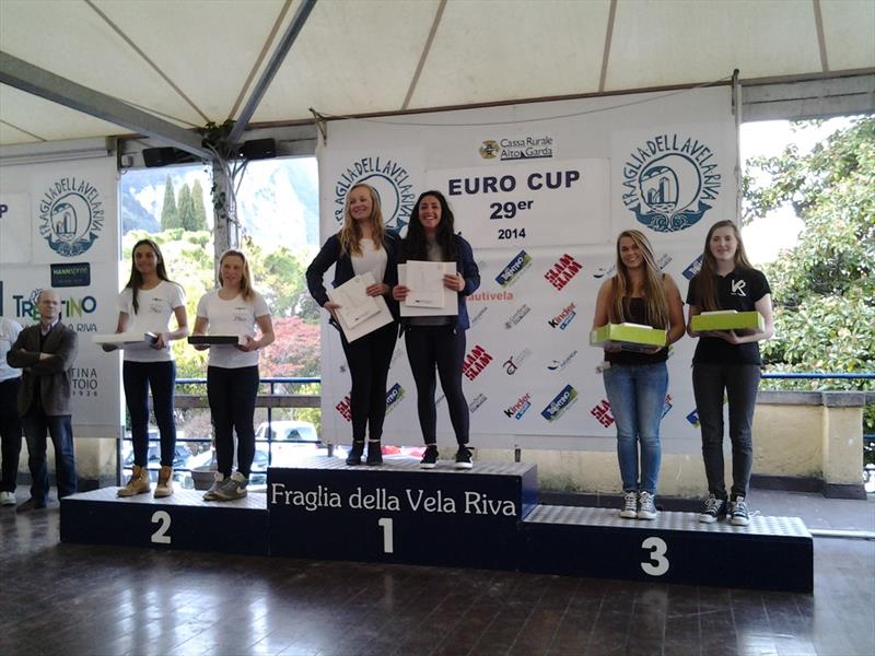 Ladies podium at the 29er Eurocup on Lake Garda photo copyright Elena Giolai taken at Fraglia Vela Riva and featuring the 29er class