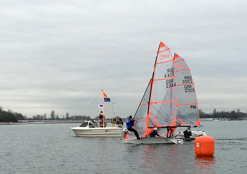 Leaders Dan/Nat and James/James in the last race of the 29er Noble Marine Winter Championships 2016 photo copyright Sally Budden taken at Draycote Water Sailing Club and featuring the 29er class