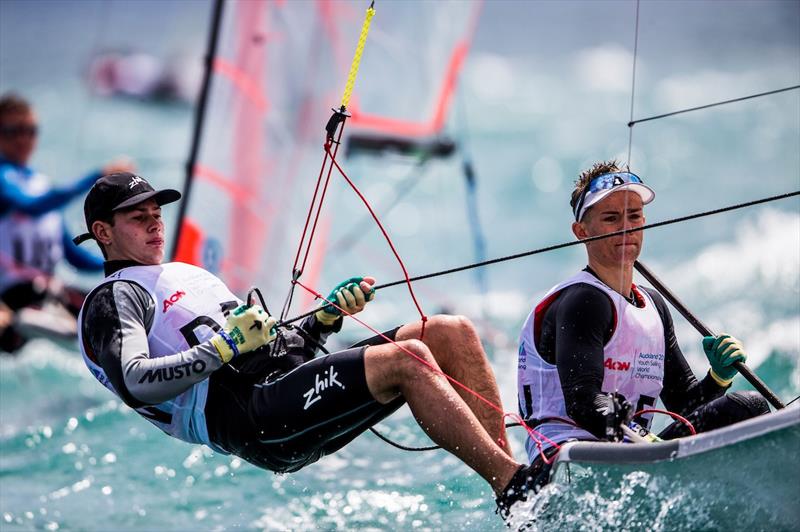Marcus Piron Kirketerp & Sebastian Olsen (DEN) on day 1 of the Aon Youth Worlds in Auckland photo copyright Pedro Martinez / Sailing Energy / World Sailing taken at Torbay Sailing Club and featuring the 29er class