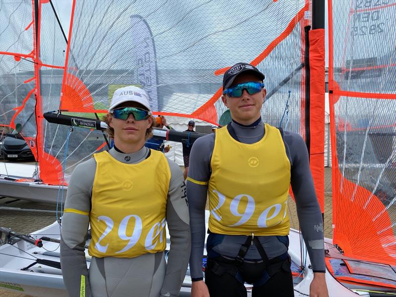 Ben Crafoord and Jacob Marks leading the charge in heavy airs at the 2023 29er Worlds photo copyright Digital Sailing taken at Weymouth & Portland Sailing Academy and featuring the 29er class