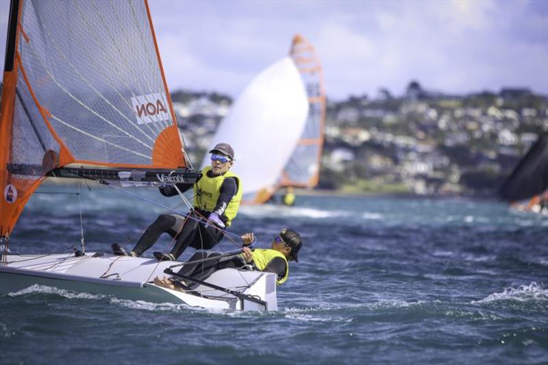 Will Leech and Sean Kensington  - Boys' 29er - Yachting New Zealand Youth Trials - Murrays Bay SC - April 2024 photo copyright Jacob Fewtrell Media taken at Murrays Bay Sailing Club and featuring the 29er class