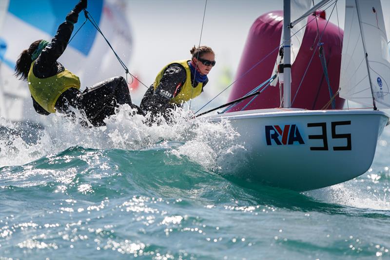 Sarah Norbury and Marie Davies on day 3 of the RYA Youth National Championships photo copyright Paul Wyeth / RYA taken at Weymouth & Portland Sailing Academy and featuring the 420 class