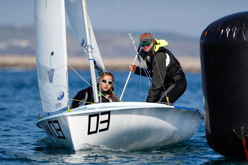 Katie Davies and Grace Summers on day 3 of the RYA Youth Nationals photo copyright Paul Wyeth / RYA taken at Weymouth & Portland Sailing Academy and featuring the 420 class