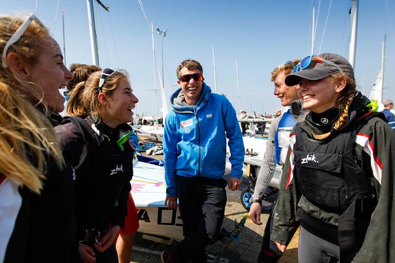 Stuart Bithell chatting to 420 sailors on day 3 of the RYA Youth Nationals photo copyright Paul Wyeth / RYA taken at Weymouth & Portland Sailing Academy and featuring the 420 class