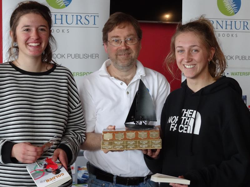 420 Inland Champions Jenny Cropley and Emma Baker with Jeremy Atkins from Fernhurst Books photo copyright Liz Smallwood taken at Draycote Water Sailing Club and featuring the 420 class