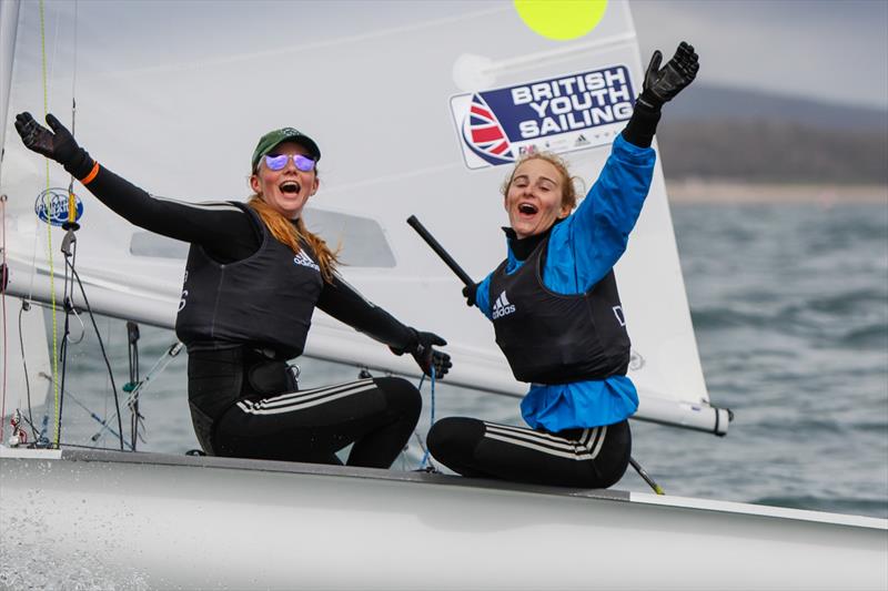 Isabel Davies and Gemma Keers on day 5 of the RYA Youth National Championships photo copyright Paul Wyeth / RYA taken at Plas Heli Welsh National Sailing Academy and featuring the 420 class