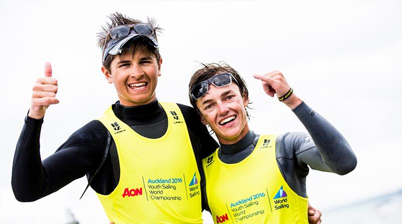 Gold for USA's Wiley Rogers and Jack Parkin on day 4 of the Aon Youth Worlds in Auckland photo copyright Pedro Martinez / Sailing Energy / World Sailing taken at Torbay Sailing Club and featuring the 420 class