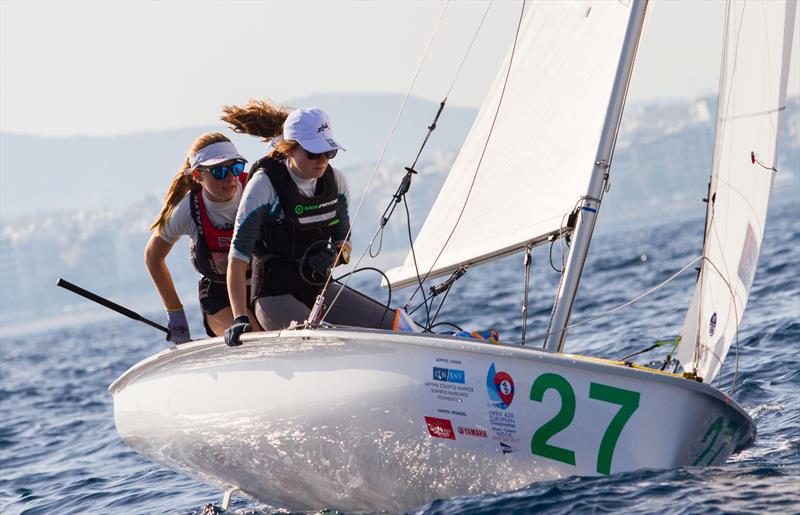 Julia MELLERS and Ellen MAIN (GBR) on day 1 of the 420 Open European Championships in Athens photo copyright Nikos Alevromytis / AleN taken at Nautical Club of Tzitzifies Kallithea and featuring the 420 class