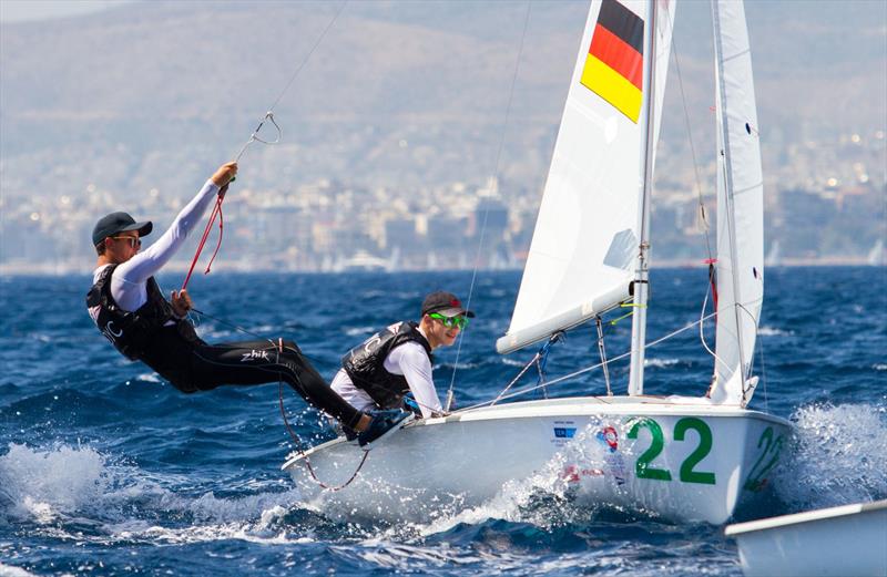 Bjarne STUDT and Piet STROHM (GER) on day 2 of the 420 Open European Championships in Athens photo copyright Nikos Alevromytis / AleN taken at Nautical Club of Tzitzifies Kallithea and featuring the 420 class