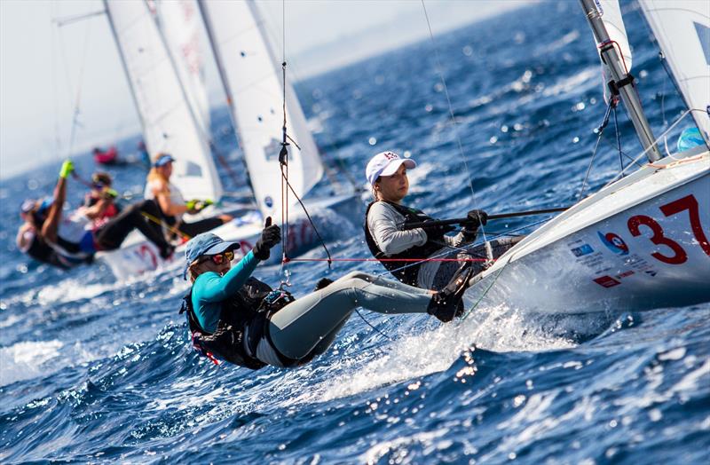 Hatty MORSLEY and Pippa CROPLEY (GBR) win the first race on day 2 of the 420 Open European Championships in Athens photo copyright Nikos Alevromytis / AleN taken at Nautical Club of Tzitzifies Kallithea and featuring the 420 class