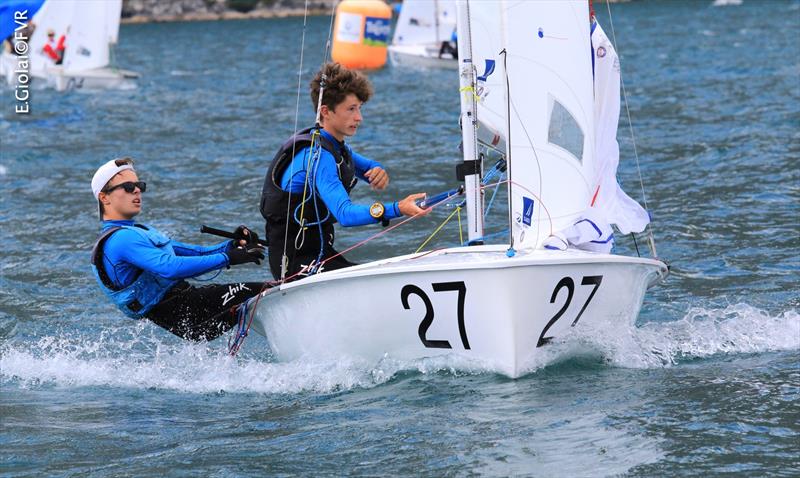 Tom COLLYER / Aaron CHADWICK (GBR) on day 2 of the 420 & 470 Junior Europeans photo copyright Elena Giolai taken at Fraglia Vela Riva and featuring the 420 class