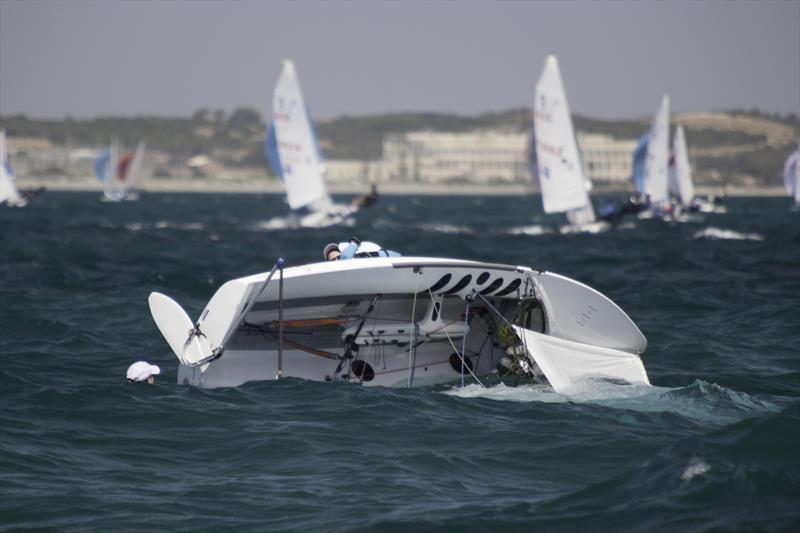 The gutsy British girls could not recover from this capsize but were back on the start line for the next race on day 2 of the 420 Australian Nationals at Fremantle photo copyright Bernie Kaaks taken at Fremantle Sailing Club and featuring the 420 class