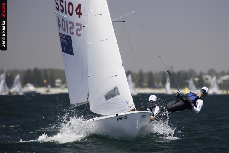 Australians Ryan Littlechild and Tyler Creevey moved to 15th in the overall standings on day 2 of the 420 Australian Nationals at Fremantle photo copyright Bernie Kaaks taken at Fremantle Sailing Club and featuring the 420 class
