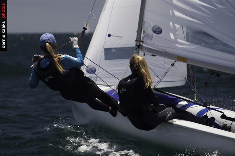 Britain's Izi Davies and Gemma Keers setting up for the first race on day 2 of the 420 Australian Nationals at Fremantle photo copyright Bernie Kaaks taken at Fremantle Sailing Club and featuring the 420 class