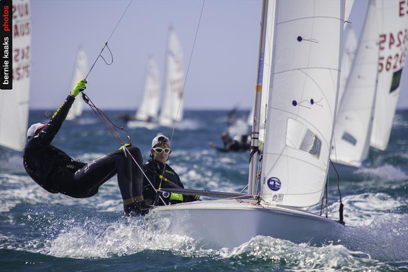 Swinging inboard to set up for a spinnaker run on day 2 of the 420 Australian Nationals at Fremantle photo copyright Bernie Kaaks taken at Fremantle Sailing Club and featuring the 420 class