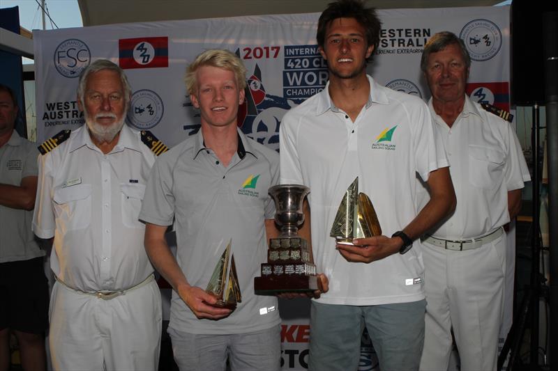 Chris Charlwood and Josh Dawson display their silverware at the 420 Australian Nationals at Fremantle photo copyright Bernie Kaaks taken at Fremantle Sailing Club and featuring the 420 class