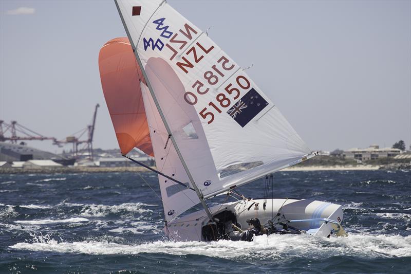Alice Floyd and Lucia Rapley having a moment on the way to the finish line on day 3 of the 420 Australian Nationals at Fremantle photo copyright Bernie Kaaks taken at Fremantle Sailing Club and featuring the 420 class