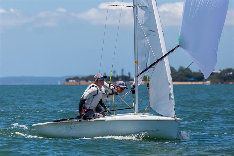 Henry Featherstone in action on day 1 of the 2018 Australian Youth Championships photo copyright RQYS taken at Royal Queensland Yacht Squadron and featuring the 420 class