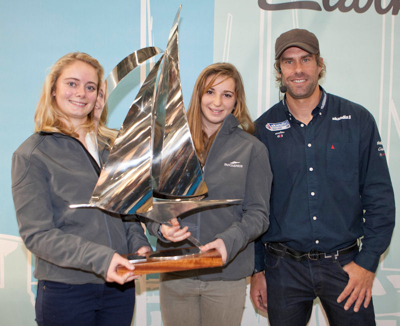 Annabel Vose and Megan Brickwood are presented with the YJA Pantaenius Young Sailor of the Year Award for 2011 by Iain Percy photo copyright onEdition taken at  and featuring the 420 class