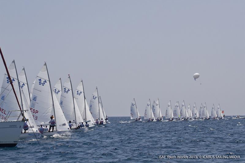 The 420 fleet line up on day three of the Sail First ISAF Youth Worlds photo copyright Icarus / ISAF Youth Worlds taken at  and featuring the 420 class