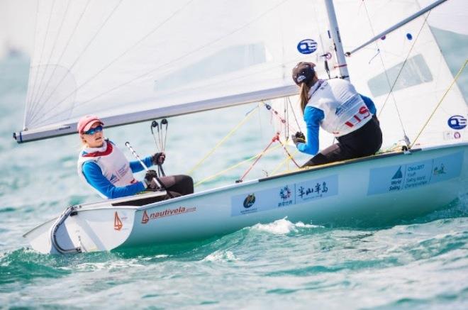 Girls 420 - Carmen Cowles (Larchmont, N.Y.) and Emma Cowles (Larchmont, N.Y.) at Youth Sailing Worlds Sanya - photo © Jesus Renedo / Sailing Energy / World Sailing