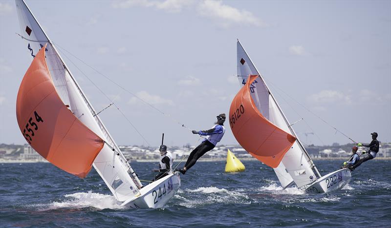 Sophie Mosegaard/Samira Rast (SUI) and Gaia Bergonzini/Cecilia Zancan (ITA) on day 2 of the 420 World Championship at Fremantle photo copyright Bernie Kaaks taken at Fremantle Sailing Club and featuring the 420 class