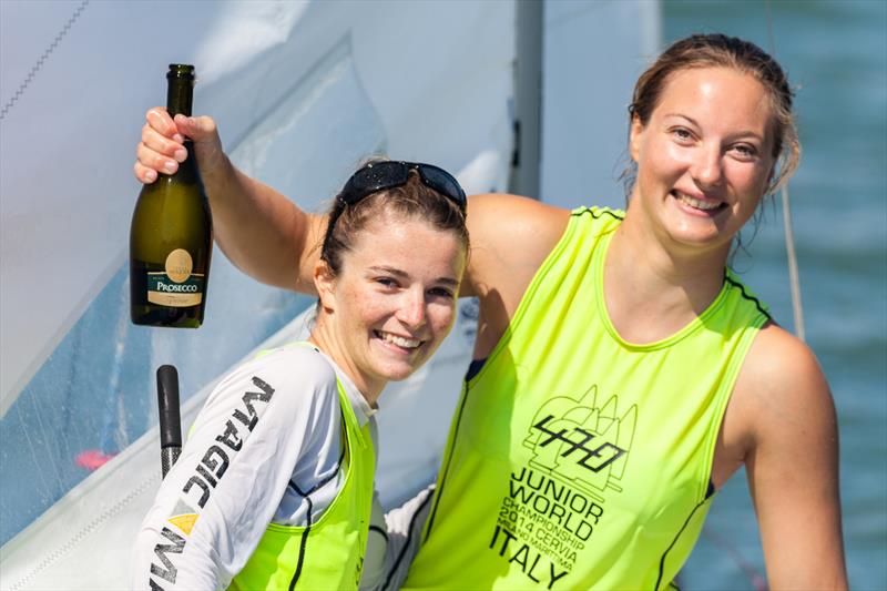 Maëlenn Lemaitre and Aloïse Retornaz celebrate at the 470 Junior World Championships photo copyright www.zerogradinord.it taken at Club Nàutic S'Arenal and featuring the 470 class