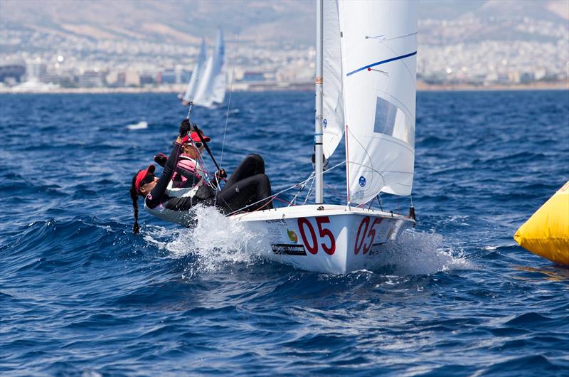 Tina Mrak and Veronika Macarol (SLO) on day 5 of the 470 European Championships in Athens photo copyright AleN Photography / www.alen.gr taken at Nautical Club of Tzitzifies Kallithea and featuring the 470 class