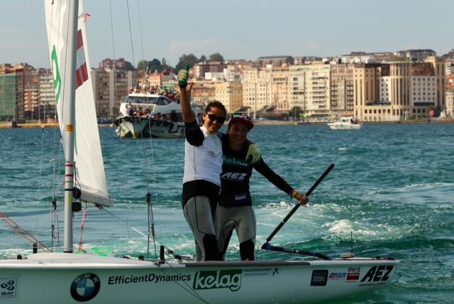 Austria's Lara Vadlau and Jolanta Ogar celebrate at the ISAF Sailing World Championship photo copyright Thom Touw taken at  and featuring the 470 class
