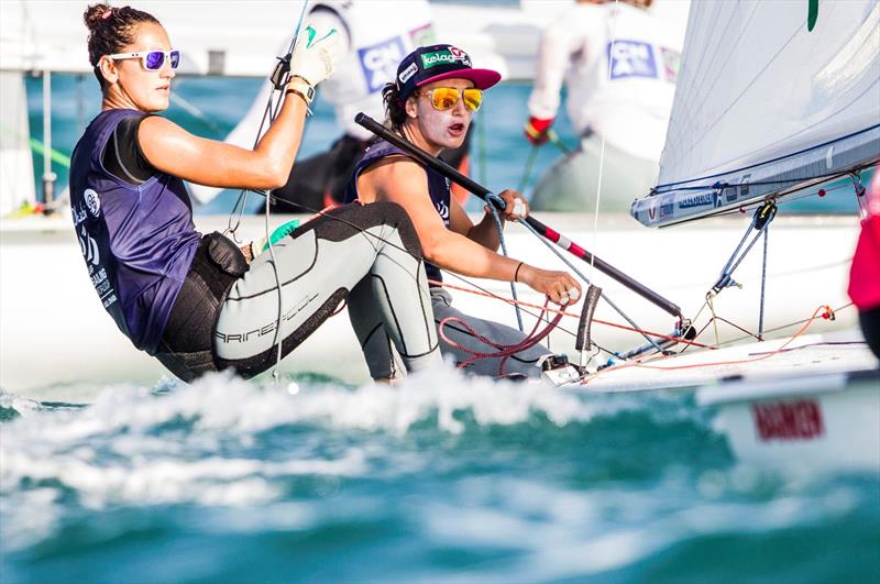 Lara Vadlau and Jolanta Ogar on day 2 of the ISAF Sailing World Cup Final in Abu Dhabi photo copyright Pedro Martinez / Sailing Energy / ISAF taken at  and featuring the 470 class