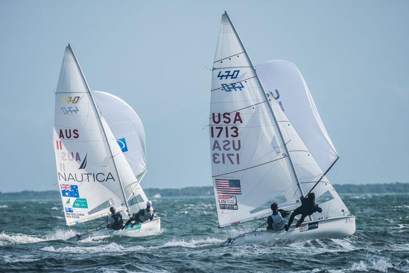 Stuart McNay (Providence, R.I.) and David Hughes (San Diego, Calif.) drag race against 2014 World Champions Mat Belcher and Will Ryan (Australia) on day 1 of ISAF Sailing World Cup Miami - photo © Jen Edney / US Sailing Team Sperry