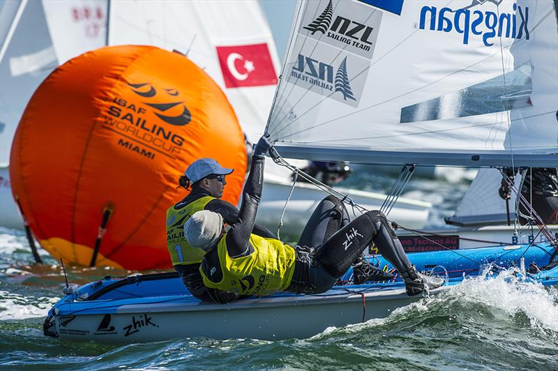 Jo Aleh & Polly Powrie (NZL 75) on day 2 at ISAF Sailing World Cup Miami photo copyright Walter Cooper / US Sailing taken at Coconut Grove Sailing Club and featuring the 470 class