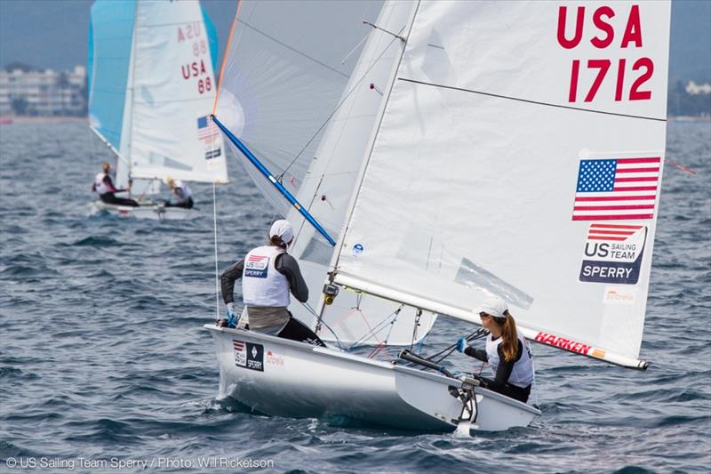 Annie Haeger & Briana Provancha (foreground) with US teammates Sydney Bolger & Carly Shevitz on day 2 at ISAF Sailing World Cup Hyères photo copyright Will Ricketson / US Sailing taken at COYCH Hyeres and featuring the 470 class