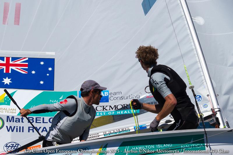 Mat Belcher/Will Ryan (AUS) on day 3 of the 470 Europeans at Aarhus, Denmark photo copyright Nikos Alevromytis / International 470 Class taken at Sailing Aarhus and featuring the 470 class