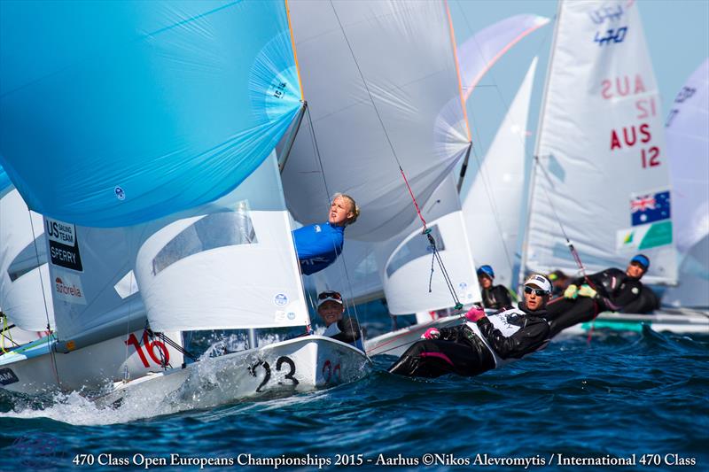 Racing on day 4 of the 470 Europeans at Aarhus, Denmark photo copyright Nikos Alevromytis / International 470 Class taken at Sailing Aarhus and featuring the 470 class