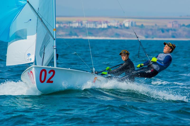 Maria Bozi and Rafaillina Klonaridou (GRE)  on day 5 of the 420 Junior Europeans in Bulgaria photo copyright Viktor Nalbantov taken at Yacht Club Port Bourgas and featuring the 470 class