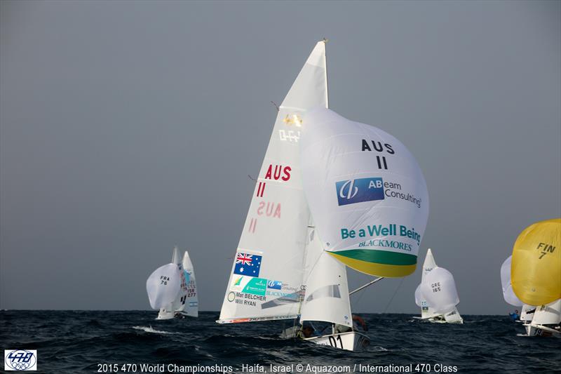 Mat Belcher/Will Ryan (AUS) on day 1 of the 470 Worlds in Haifa photo copyright Aquazoom taken at Haifa Sailing Center and featuring the 470 class