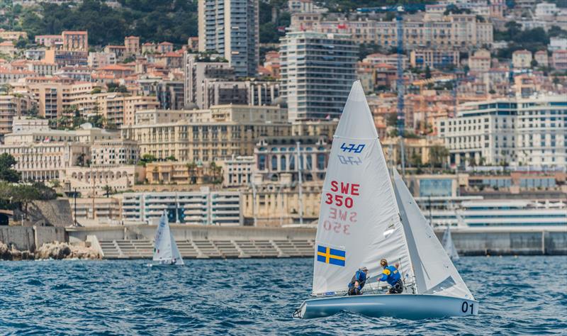 Carl-Fredrik Fock/Marcus Dackhammar (SWE-350) on day 2 of the 470 Europeans at Monaco photo copyright Mesi taken at Yacht Club de Monaco and featuring the 470 class
