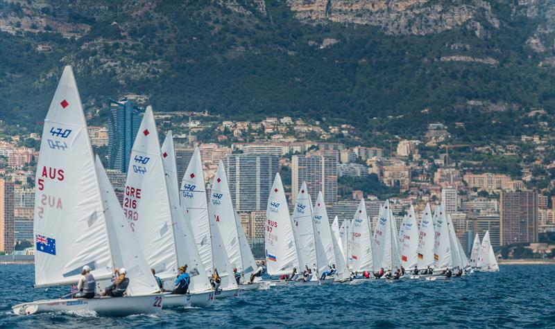 470 Women's race 5 start on day 3 of the 470 Europeans at Monaco photo copyright Mesi taken at Yacht Club de Monaco and featuring the 470 class