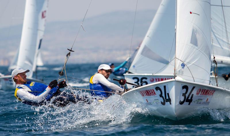 Anton Dahlberg and Fredrik Bergstrom (SWE) lead the 470 Worlds (men) after 3 races on day 1 photo copyright Nikos Alevromytis / International 470 Class taken at Nautical Club of Thessaloniki and featuring the 470 class