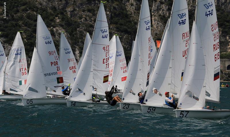470 Men's fleet on day 1 of the 420 & 470 Junior Europeans photo copyright Elena Giolai taken at Fraglia Vela Riva and featuring the 470 class