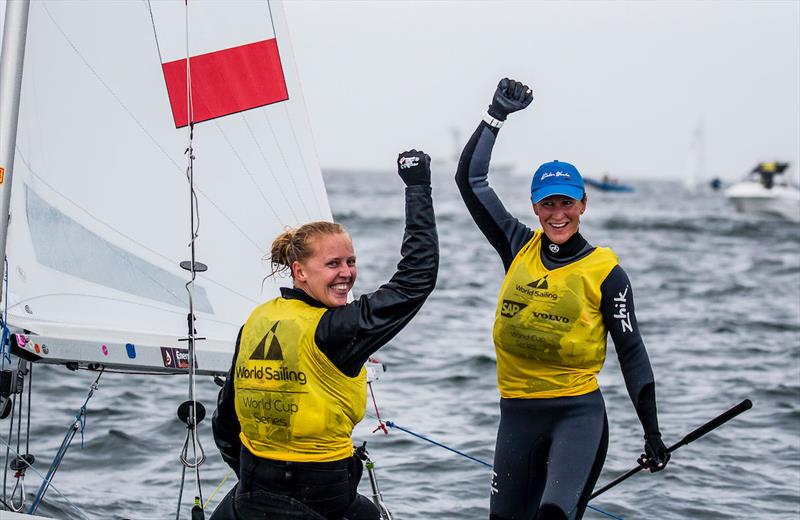 470 Women's Champions Agnieszka Skrzypulec and Irmina Mro´zek Gliszczynska (POL) at 2017-18 World Cup Series in Gamagori, Japan photo copyright Jesus Renedo / Sailing Energy / World Sailing taken at  and featuring the 470 class