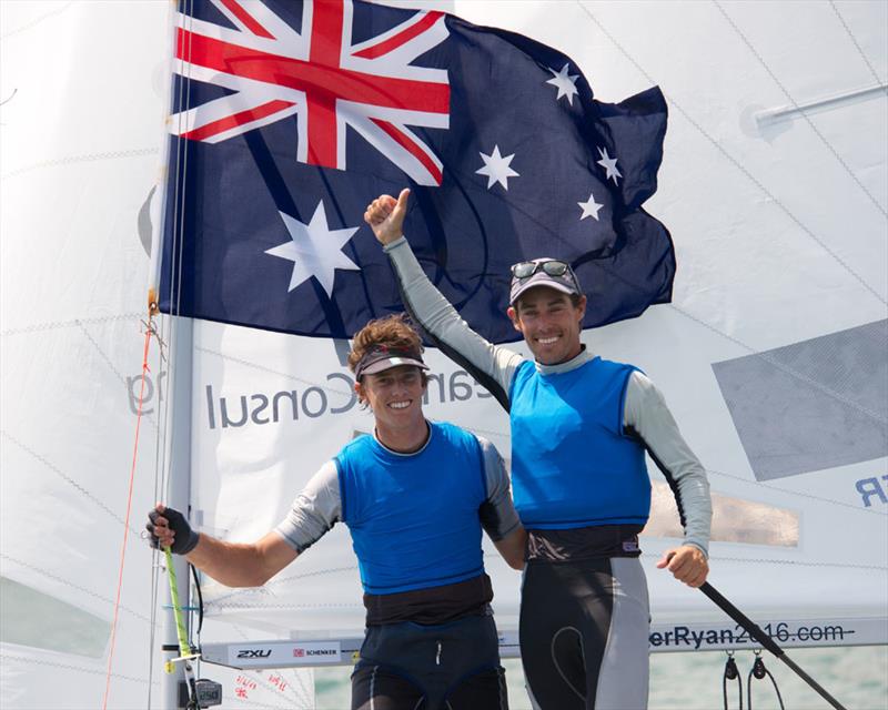 Will Ryan and Mathew Belcher after winning the 470 Europeans photo copyright Victor Kovalenko taken at  and featuring the 470 class