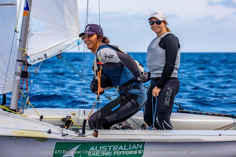 Sophie Jackson and Angus Higgins head out to the race area during the 470 Europeans in San Remo, Italy photo copyright A Lelli taken at Yacht Club Sanremo and featuring the 470 class