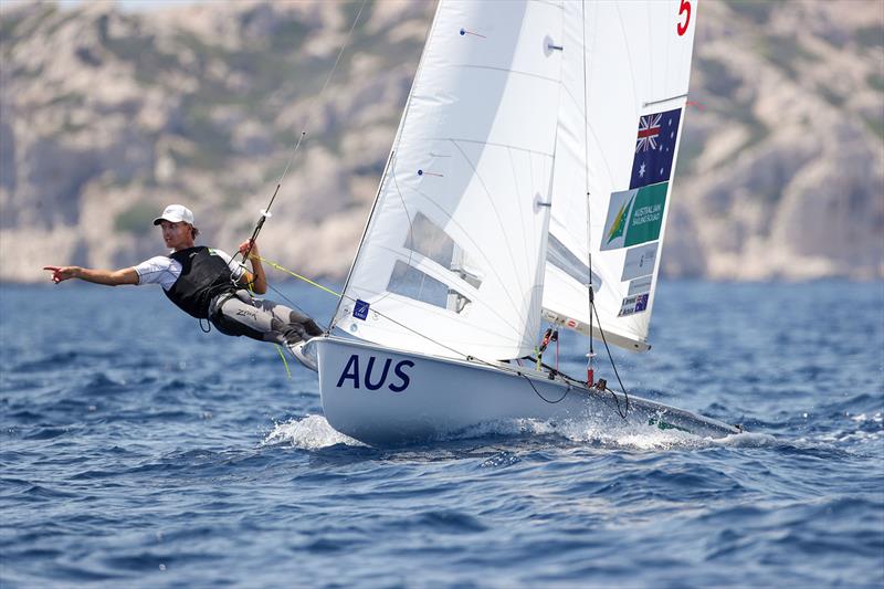 Conor Nicholas (visible)racing with Nia Jerwood at the Paris 2024 Olympic Sailing Test Event, Marseille, France. Day 1 Race Day on 9th July photo copyright Sander van der Borch / World Sailing taken at  and featuring the 470 class